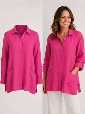 Windsmoor | Pink 100% Linen Button Front Tunic Blouse | Size US 14
